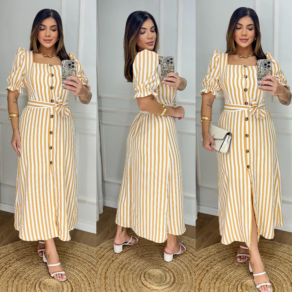vestido listrado midi ou longo qual escolher